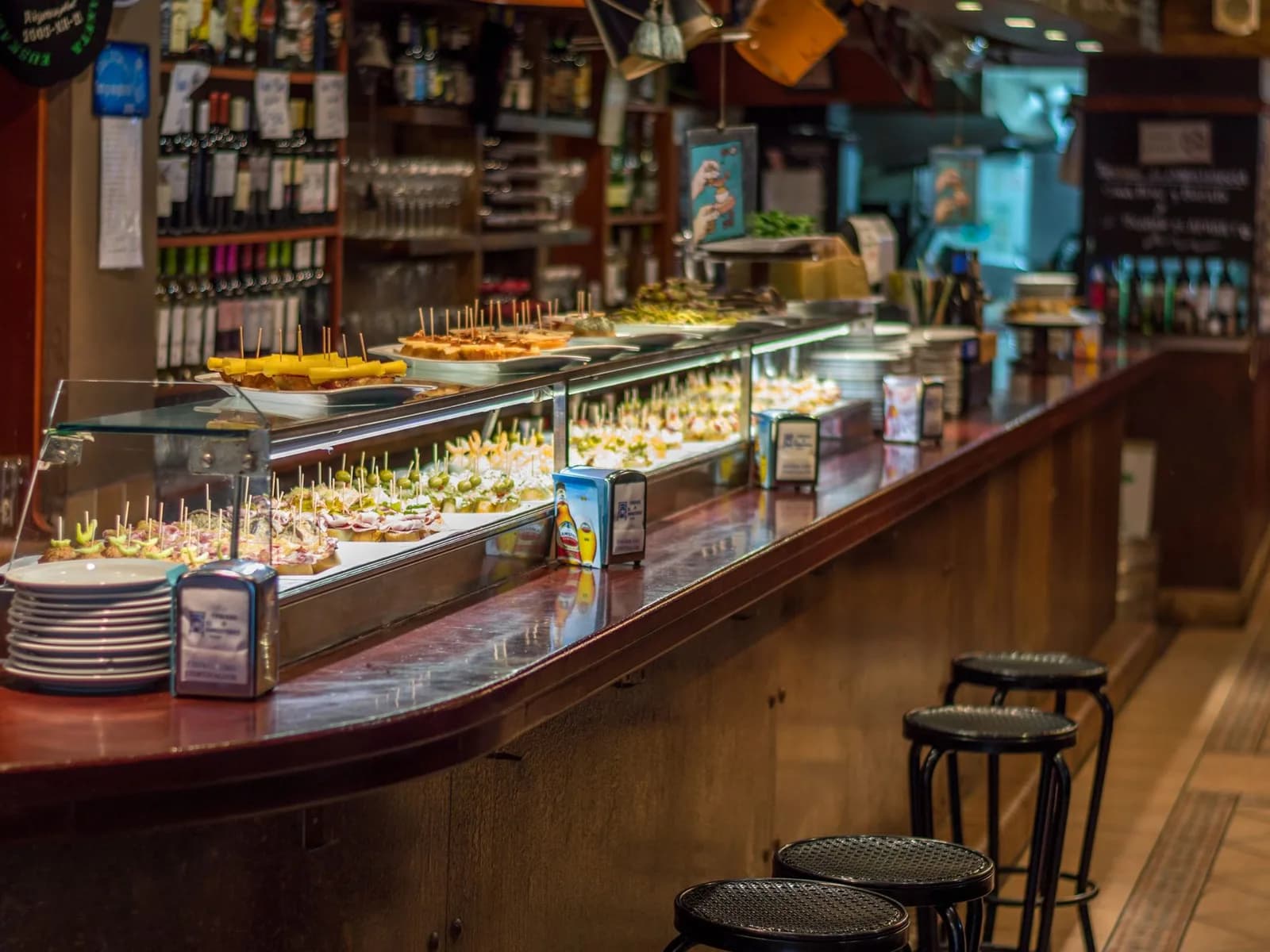 Bar counter with pintxos on display
