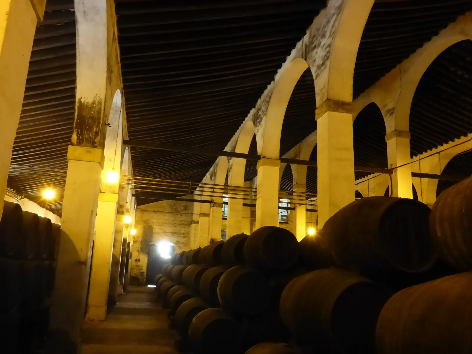 Inside La Mezquita winery, with arches and casks