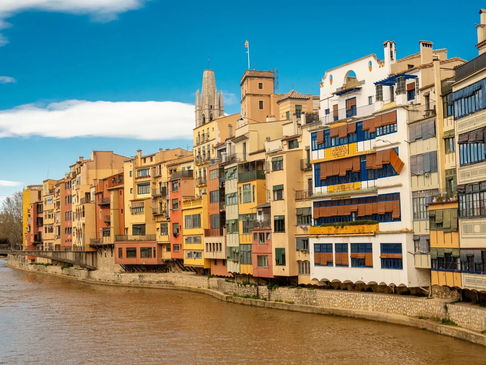 Colourful Onyar houses with Girona Cathedral