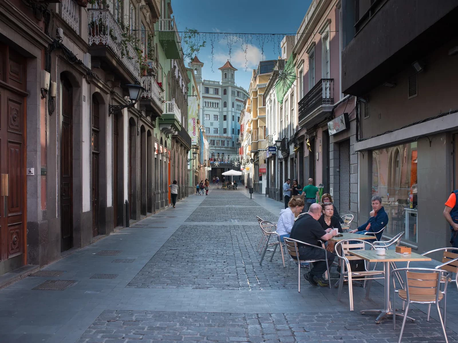 Pedestrian street in the old town of Las Palmas with a café terrace