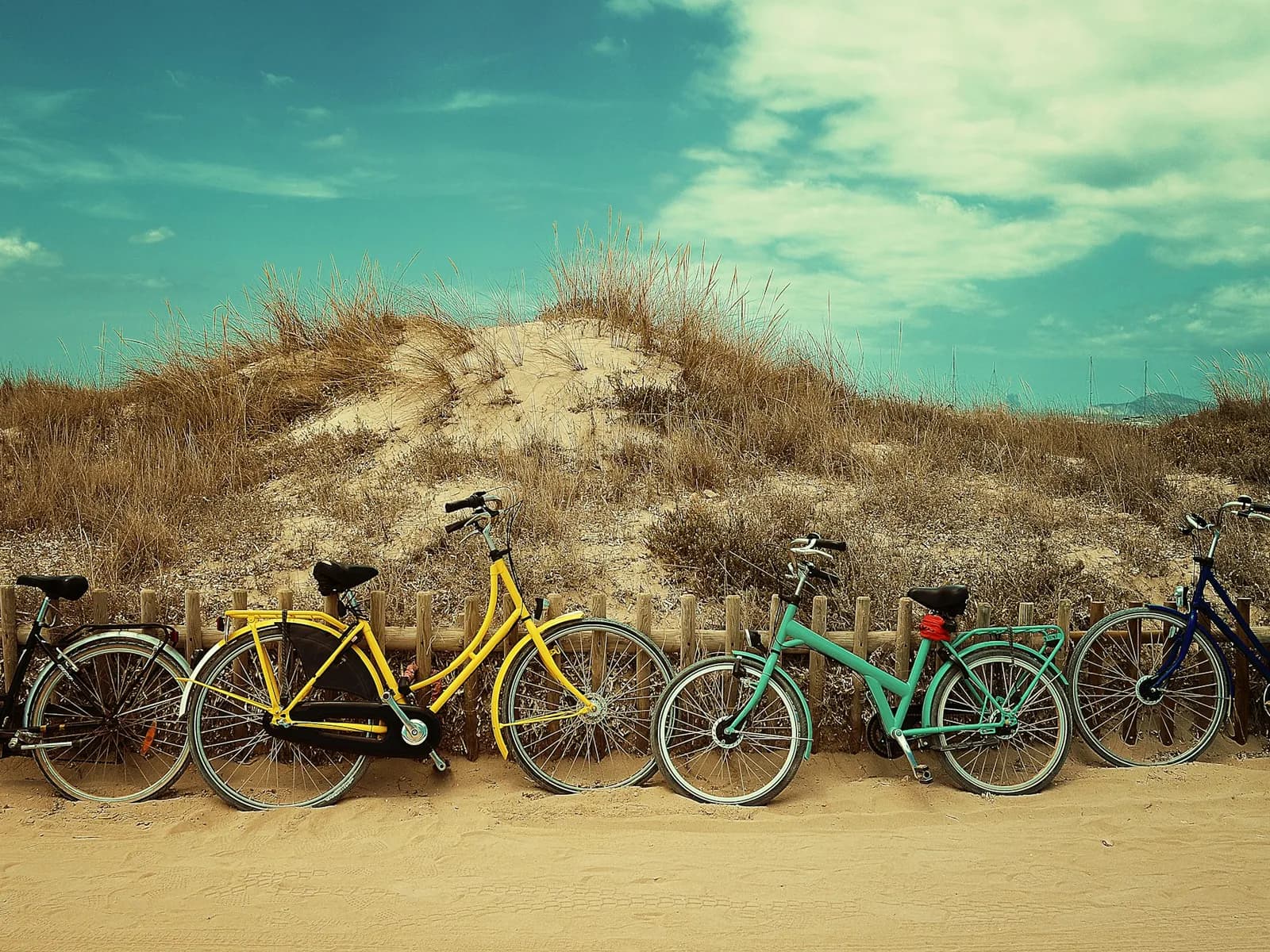 Colourful bikes parked by a beach fence
