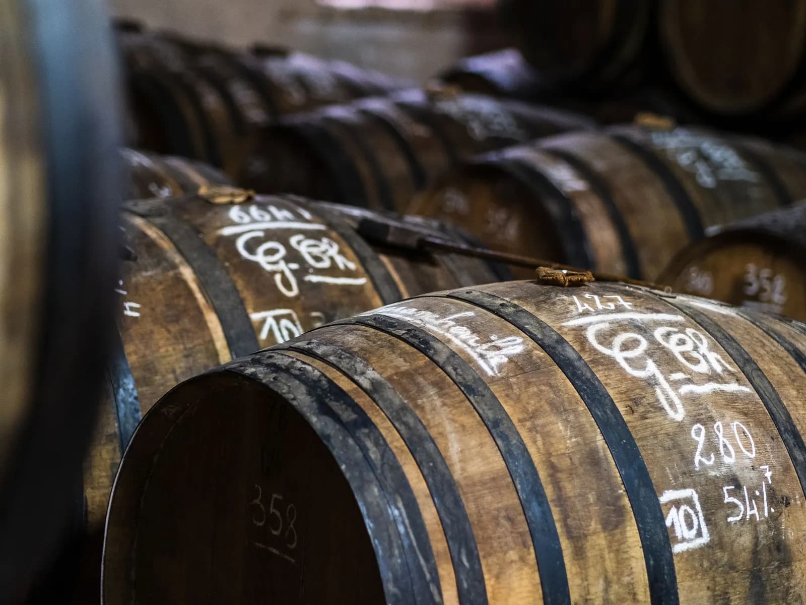 Botas de vino marcadas con tiza en una bodega
