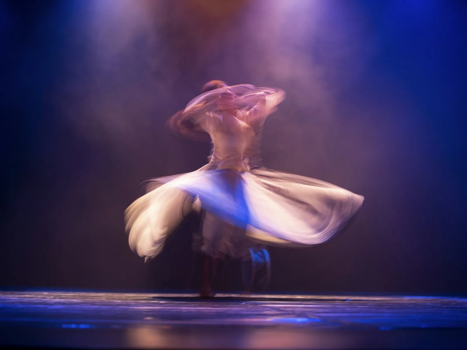 Flamenco dancer spinning on stage, her skirt in motion