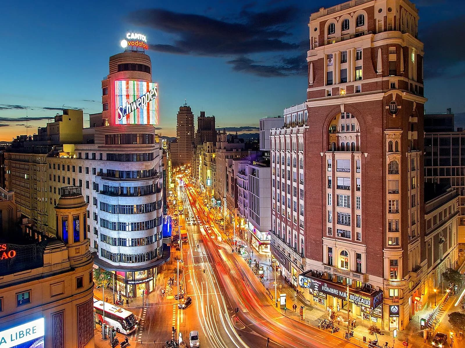Plaza del Callao and Gran Vía in Madrid lit up at night