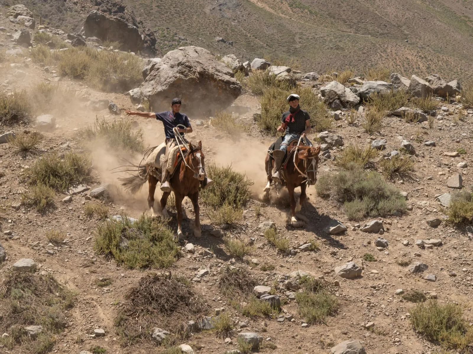 Dos jinetes a caballo bajando por una ladera de monte