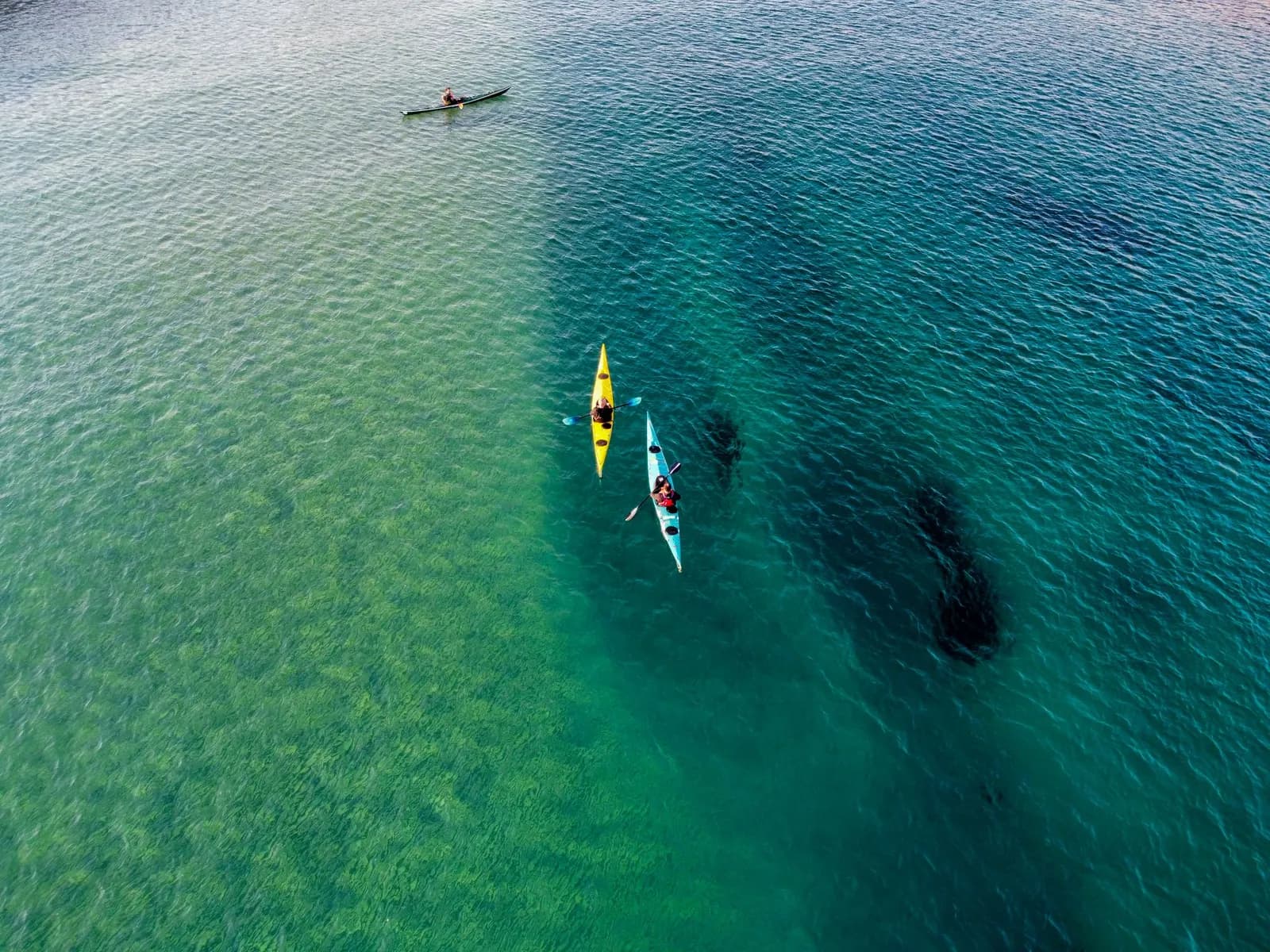 Dos kayaks sobre agua transparente y turquesa