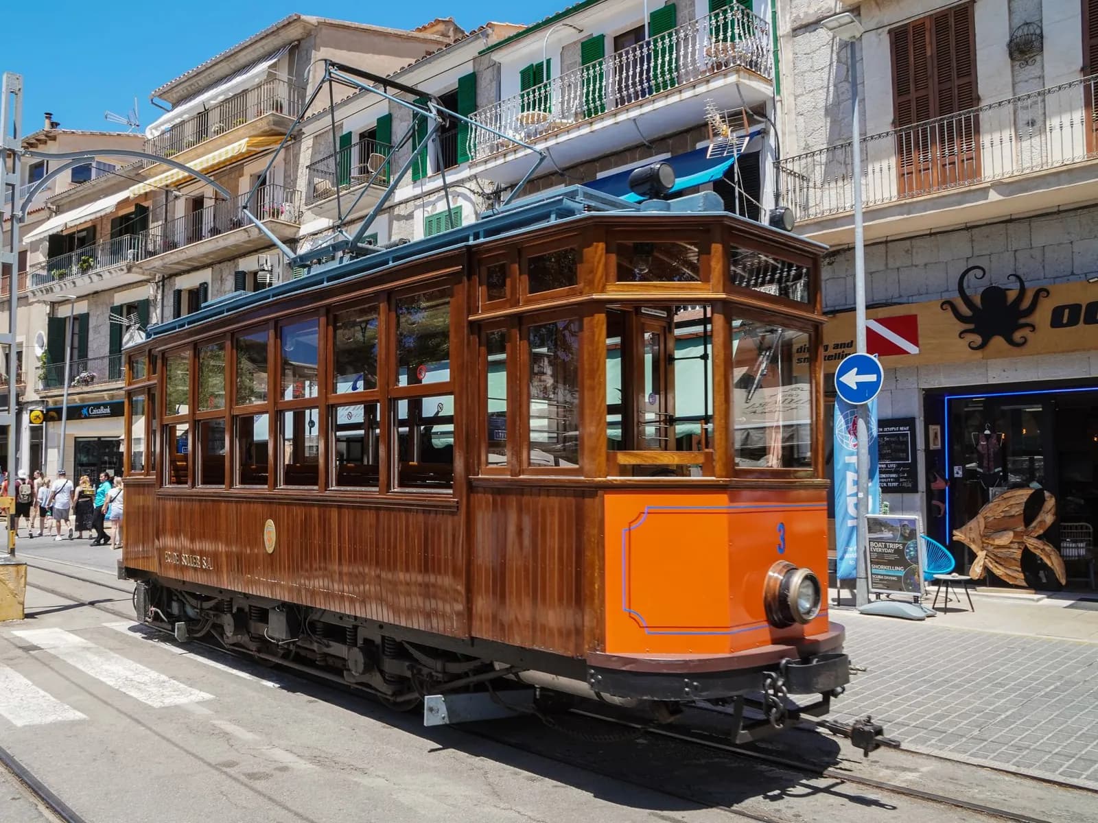 Sóller wooden tram on a street in Port de Sóller