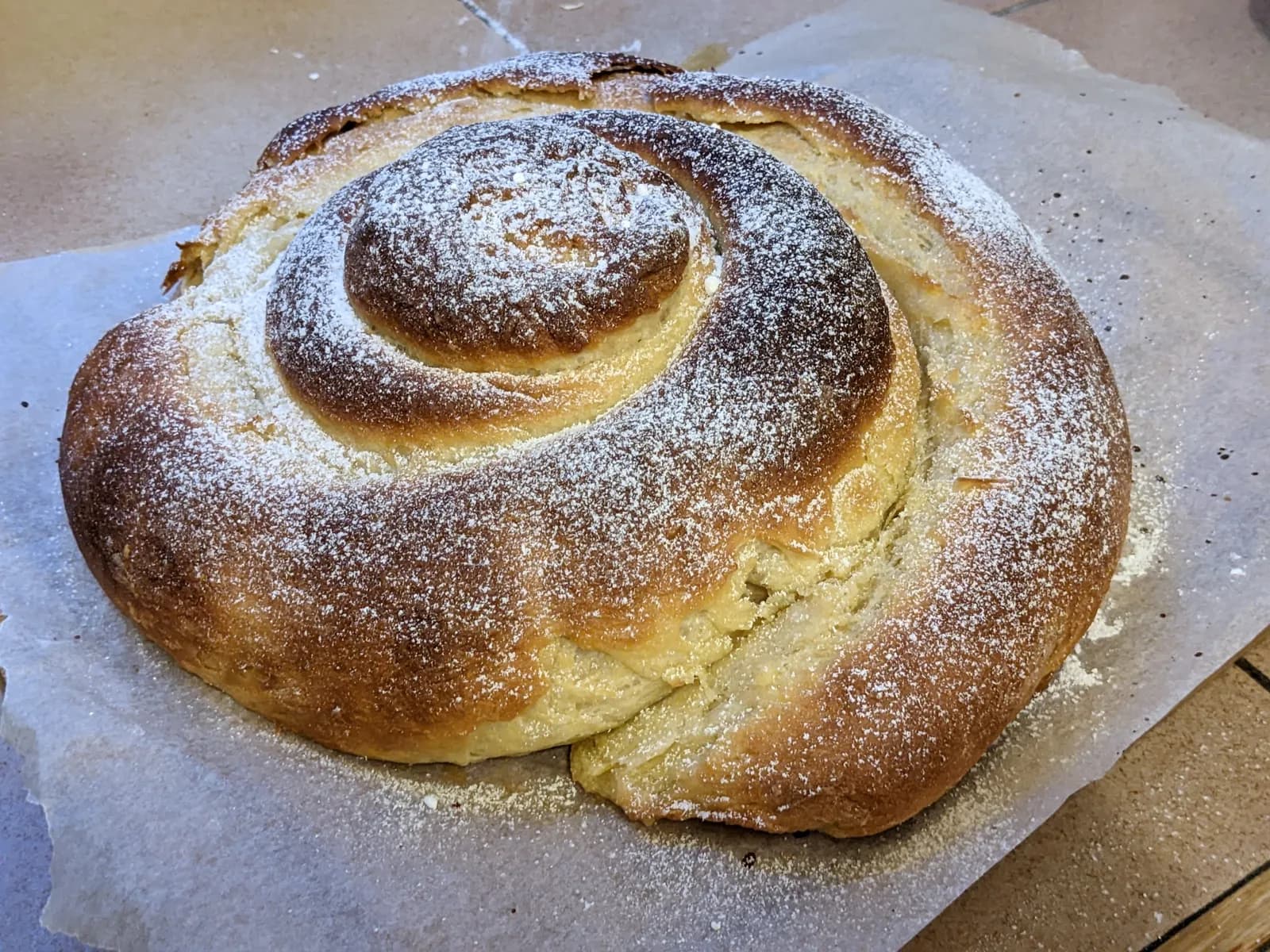 Mallorcan ensaimada dusted with icing sugar