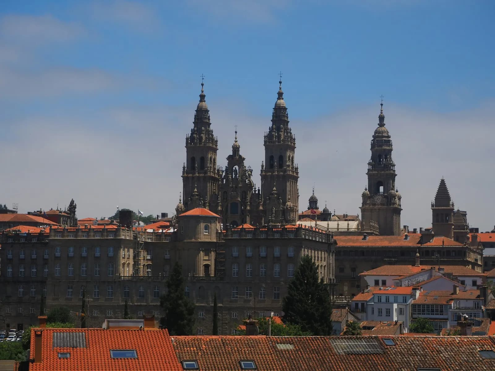 Santiago Cathedral towers above the rooftops, seen from a viewpoint