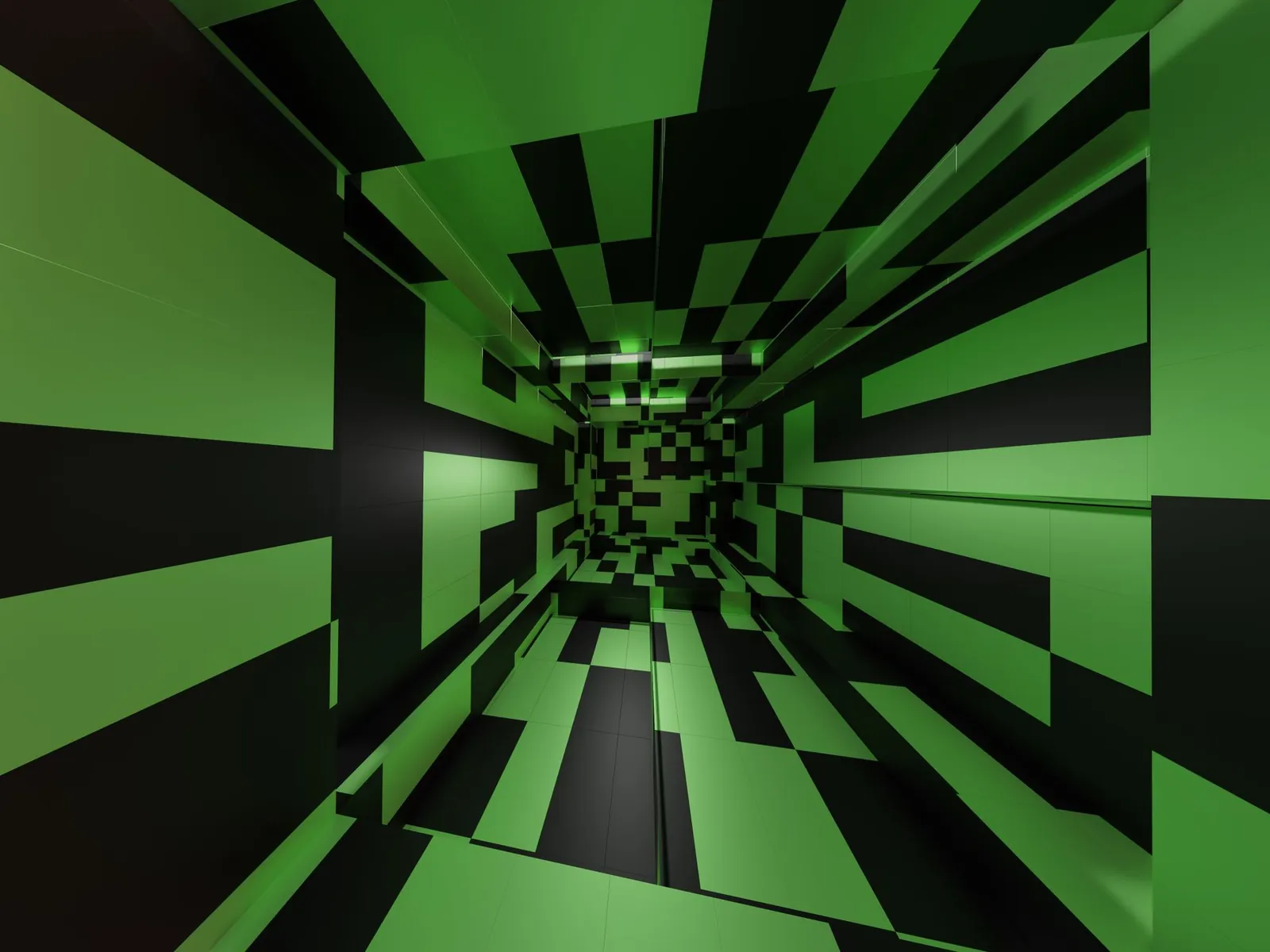 Túnel con un patrón geométrico verde y negro que crea una ilusión óptica